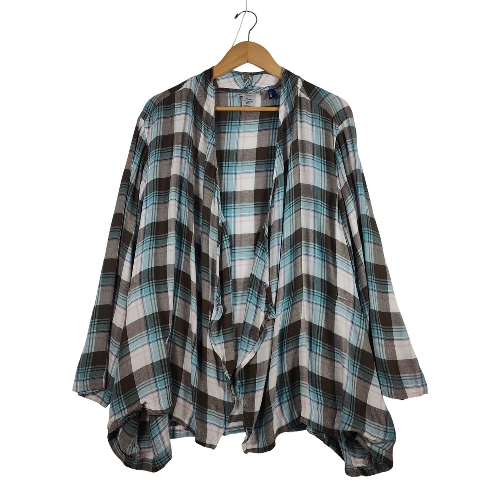 Catherines Petite Plus 3XWP Plaid Open Front Cardigan Blue Brown Rayon Draped - Picture 2 of 10